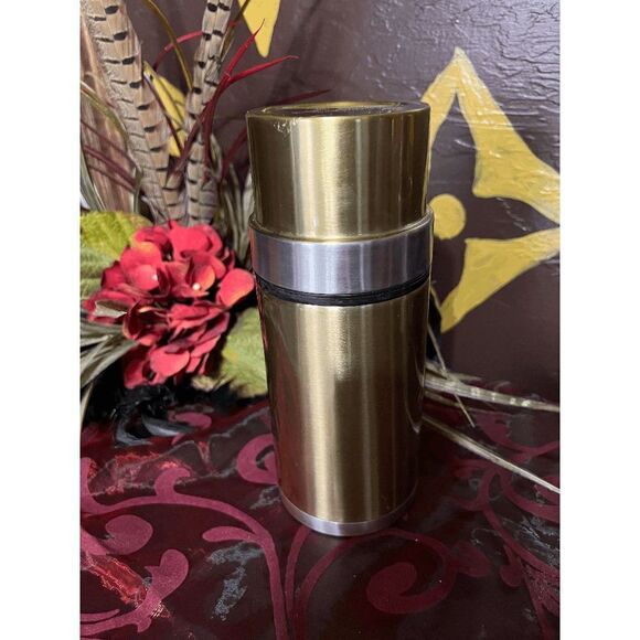 Starbucks 2006 Gold and Silver Metal Insulated 17oz Thermos with Removeable Cup - Picture 2 of 5